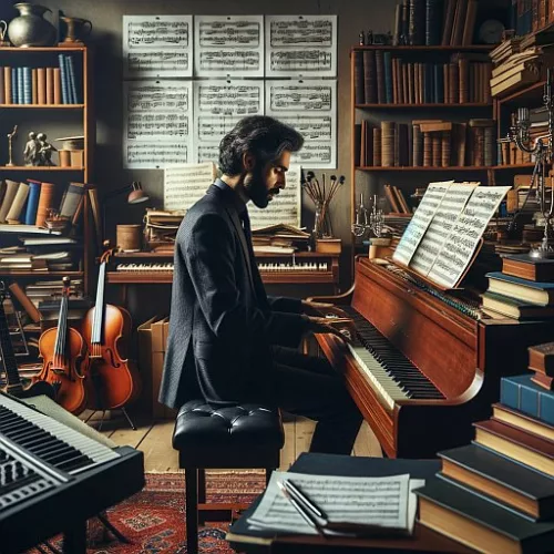 Un compositore intento a comporre musica nel suo studio pieno di strumenti musicali, libri e partiture.