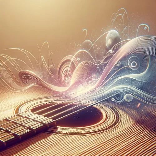 Strings of a guitar in vibration as they produce sounds based on the superposition of harmonics.